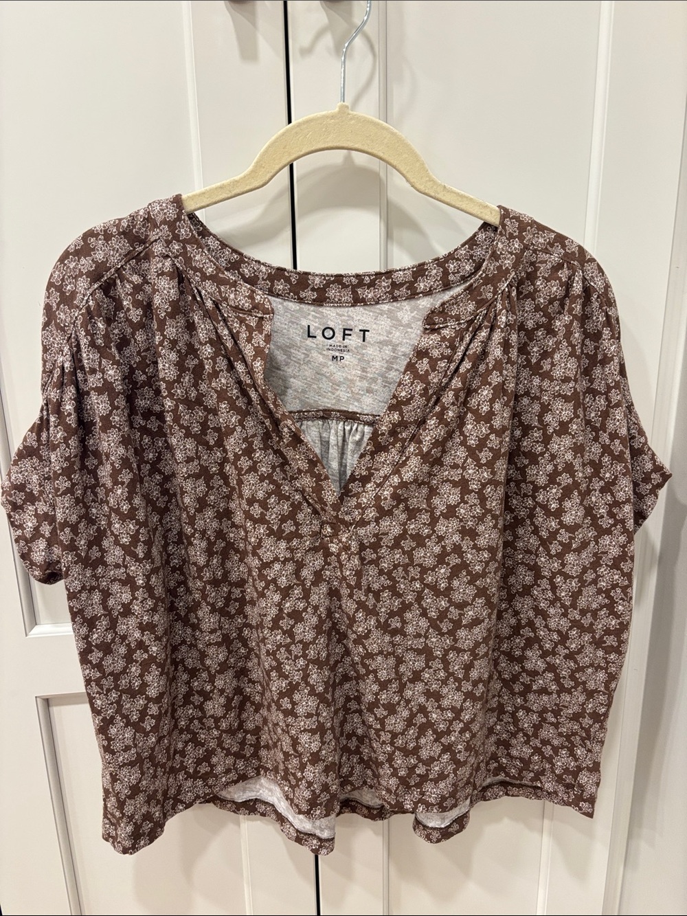 LOFT Brown Floral Split-Neck Blouse